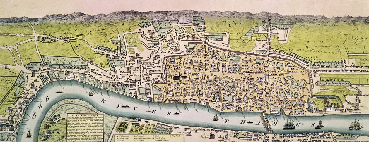 Londinium Antiqua、ロンドンの地図、ウィリアム・ダートン刊、1563年